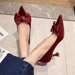 Dress Shoes Women Pumps Velvet High Heels Bowtie Boat Pointed Toe Ladies Thin Heeled Slip On Zapatos Mujer Red 9432N