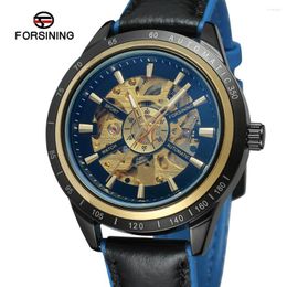 Wristwatches 2023 Forsining Mens Casual Sport Watch Genuine Leather Top Army Military Automatic Men's Wrist Skeleton Clock