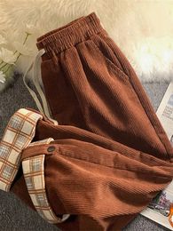 Women's Pants Capris JMPRS Fashion Plaid Hemming Women Corduroy Pants High Waist Fall Black Korean Loose Straight Trousers Casual Drawstring Pants 230203