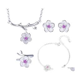 Other Jewellery Sets Fashion Romantic Sier Colour Cherry Blossoms Flower Pendant Cute Bridal Wedding Gift Drop Delivery Ot0Ef
