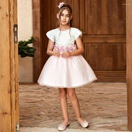 Girl Dresses Simple Flower White And Pink O-Neck Feathers A-Line Mini Princess Gown Baby Birthday Robe Ceremonie Fille