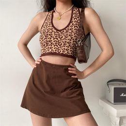 Women's Tanks 2023 Summer Sexy Girl Backless Suspenders Leopard Print Halter Knitted Vest Women's Tight Short Top With Y2K R055
