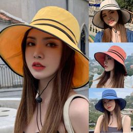 Wide Brim Hats Womens Summer Floppy Sun Hat With Chin Strap Elegant Solid Colour Striped UV Protection Visor Travel Vacation Cap