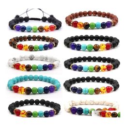 Beaded Strands 7 Chakra Black Lava Beaded Bracelets 8Mm Rock Bead Elastic Natural Stones Gemstones Oil Diffuser Yoga Strandsbracele Otojt