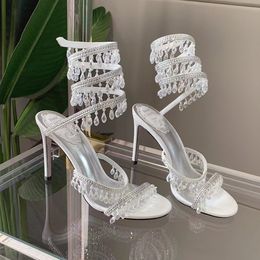 Fuşya Çiçek Sandalet Renecaovilla Serpantin 9.5cm Yüksek Topuklu Ayakkabı Tasarımcıları Kristal Rhinestone Dekorasyon Stiletto Topuk Kadınlar Roma Sandal 4-12 Kutu