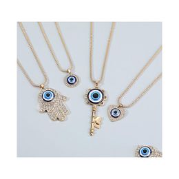 Pendant Necklaces Fashion Jewelry Geometric Evil Eye Necklace Fatima Heart Key Rhinestone Blue Eyes Drop Delivery Pendants Dhgnx