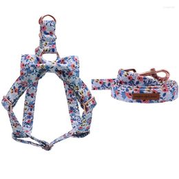 Dog Collars Cotton Spring Blue Flower Harness With Bowtie And Basic Leash Adjustable Buckle Pet Supplies