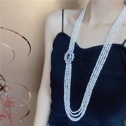 Chains Hand Knotted 85-95cm Sweater Chain 4strands 4-5mm White Freshwater Pearl Micro Inlay Zircon Accessories Pendant NecklaceChains