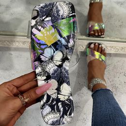 Slippers Women Butterfly Square Toe Transparent 2023 Female Summer Cross Tied Slides Ladies Casual Flats Plus Size 43