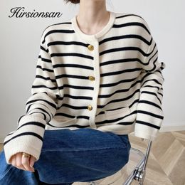 Women's Knits Tees Hirsionsan Vintage Striped Women Sweater Western Style Warm Knitted Female Cardigan Loose O Neck Ladies Short Tops 230203