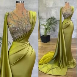 Arabic Lemon Green Mermaid Prom Dresses Sheer Mesh Top Sequin Beads Ruched Evening Occasion Wear Gowns Sheer Neck Sweep Train Robe de Custom Made