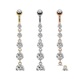 Navel Bell Button Rings Long Dangled Zircon Stainless Steel Piercing Flower Pendant Belly Body Jewelry Women Drop Delivery Dhz1W