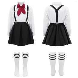 Clothing Sets Kids School Uniforms Children Girls Choir Stage Performance Outfits Schoolgirls Lapel Bow Tie Top With Suspender Skirt And