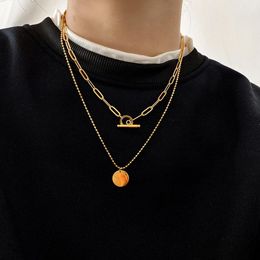 Pendant Necklaces Lifefontier Layered Round Necklace For Women Men Gold Colour Stainless Steel Link Chain Couple Jewellery Gift 2023