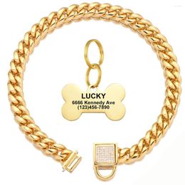 Dog Collars Gold Cuban Chain Stainless Steel Necklace Walking Training With Personalised Bone Shape Engraved For Pet Accessories Plate