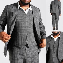 Men's Suits Dark Gray Men Suit 3 Pieces Business Blazer VestPants Plaid Single Breasted Wedding Groom Formal Work Wear Party Causal Tailored