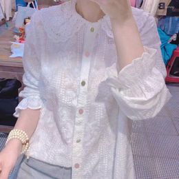 Women's Blouses Lace Hollow Out Doll Neck Flare Sleeve Blouse Women Autumn European Colour Buttons Solid Long Casual Female Top