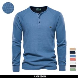 Men's T-Shirts AIOPESON Waffle Henley T-Shirt Men Long Sleeve Basic Breathable Men's Tops Tee Shirts Autumn Solid Colour T Shirt For Men 230204