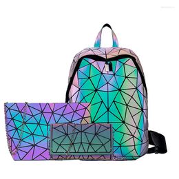 School Bags Women Backpack Foldable Crossbody Bag For Ladies Clutch And Purse Geometric Luminous Laptop Bagpack Holographic 3Pcs Set