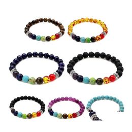 Beaded Strands 7 Chakra Charm Beads Chains Bracelets 8Mm Lava Rock Tiger Eye Stone Protection Energy Healing Stretch Bangle For Men Otcxl