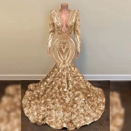 2023 afrikanisches Gold-Meerjungfrau-Abschlussballkleid mit V-Ausschnitt, langen Ärmeln, Übergröße, 3D-Rosen-Abendkleid, elegantes, formelles Party-Paillettenkleid, schwarze Mädchen-Nachtmode, Robe Soiree