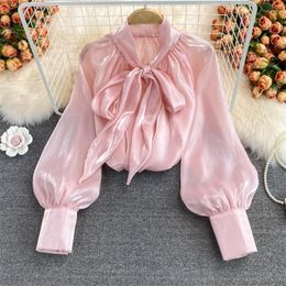 Women's Blouses 2023 Fashion Women Button-up Blouse Summer Casual Female Long Sleeve Big Bow Tie Shirt Plus Size Thin Bright Shirts WZ1762