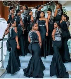 Black Satin African Bridesmaid Dresses Long Bridesmaids Mermaid Prom Gowns Maid Of Honor Dress Evening Wear Plus Size BC14020