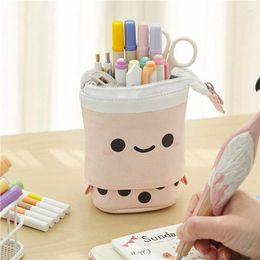 Cosmetic Bags Kids Canvas Retractable Pencil Bag Polka Dot Print Zip-up Students Pen Pouch With Multi-pockets Milk Tea Cup Shape