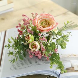Decorative Flowers Artificial Rose Gypsophila Eucalyptus Bouquet For Wedding Decoration Holding Home Decor Fake Flower Pograph