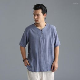 Men's T Shirts Plus Size M-6XL Pure Colour Tops 2023 Summer Cotton Linen V-neck T-Shirt Flax Slim Casual Wood Button Short Sleeve