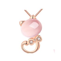 Pendant Necklaces Rose Gold Chains Cute Ross Quartz Pink Opal Necklace For Women Jewellery Girls Children Gift Cat Vipjewel Drop Deliv Dhhzm