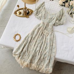 Casual Dresses Summer Fairy Dress Women French Style Vintage Retro Chiffon Puff Sleeve Elegant Floral Print 2023