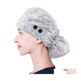 Beanie/Skull Caps Print Adjustable Long Hair Working Cap With Button Ponytail Holder Scrub Hats Elastic Nurse Hat For Women Drop Del Otfuu