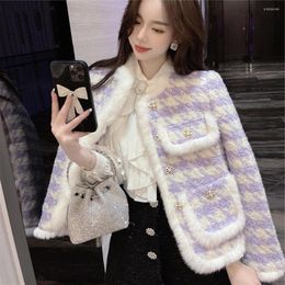 Women's Jackets Winter Coat For Women Purple Mink Hair Splice Autumn Jacket 2023 Sweet Plaid Woollen Tweed Coats Ladies Quilted Warm