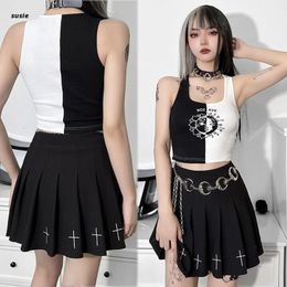 Women's Tanks & Camis Women Dark Goth Punk Sleeveless Crop Top Harajuku Sun Moon Graphic Contrast Colour Patchwork Ribbed Mini Tank Vest Aest