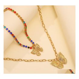 Pendant Necklaces Punk Cuban Double Layer Big Butterfly Necklace Fl Rhinestone Gold Color Choker Thick Chain Women Jewelry Nanashop Dh6Sz