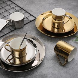 Plates Ceramic Breakfast Plate Coffee Mug Nordic Golden Dinnerware Set Pastry Dish Dessert Tray Luxury Water Tea Cup Saucer 1pcs