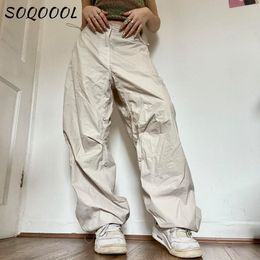 Women's Pants Capris Pocket Baggy Wide Leg Cargo Pants Women Low Waist Drawstring Sweatpants Joggers Casual Hippie Punk Trousers Harem Pants White 230203