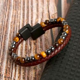 Charm Bracelets Fashion Beads Bracelet For Men Two Layers Leather Male With Stainless Steel Magnet Jewellery Gift