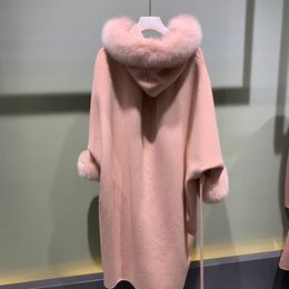Women's Fur & Faux Women Coat Natural Hooded Trim Real Cashmere Shawls Woolen Coats Capes Overcoat Loose Style Plus Size Female FurWomen's W