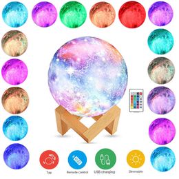3D Star Moon Night Light Remote Touch Control USB Rechargeable 16 Colours LED with Wood Stand for Girls Boys Birthday Gift