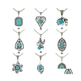 Pendant Necklaces Vintage Turquoise Square Elephant Heart Leaves Flower Natural Stone Long Chains For Women Fashion Jewellery Gift Dro Ote9L