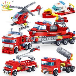 Blocks HUIQIBAO 348pcs Fire Fighting 4in1 Trucks Car Helicopter Boat Building Blocks City Firefighter Figures Man Bricks Children Toys 230203