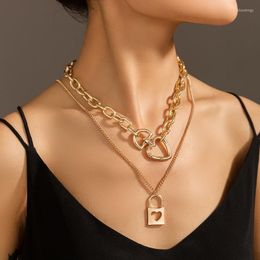 Choker Chokers Wholesale Fashion Heart-Shaped Necklace Lock-Shaped Hollow-out Metallic Thick Chain Multi-Layer Bloo22