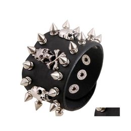 Charm Bracelets Punk Unique Rock Spikes Rivet Gothic Skeleton Skl Biker Wide Cuff Leather Bangle Gift Drop Delivery Jewellery Otcqz