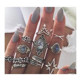 Cluster Rings Bohemian Antique Sier Geometric Set For Women Retro Starry Star Lotus Charm Midi Knuckle Finger Ring Ladies Boho Jewel Otzk1
