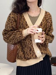 Women's Knits Tees Winter Beige Leopard Print Cardigan Women with Buttons Oversize Jacket Loose Green Thick Warm Knitted Cardigan for Women C-047 230203