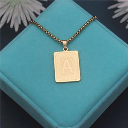 Pendant Necklaces Gold A-Z Initial Letter Necklace Square Alphabet Rectangle Medallion Personalised Stainless Steel Hip Hop Jewellery Men