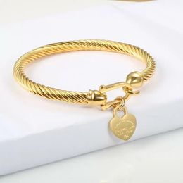 bracelet designer for women Titanium Steel Bangle Cable Wire Gold Color Love Heart Charm Bangle Bracelet With Hook For Women Men Wedding Jewelry tennis bracelet