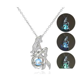 Lockets Luxury Glow In The Dark Mermaid Necklaces Glowing Hollow Pearl Cage Pendant Necklace For Women Ladies Fashion Luminous Jewel Otgfw